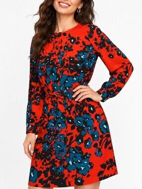 The Limited Tall Red Long-Sleeve Floral Belted Dress ( SIZE: MED TALL)